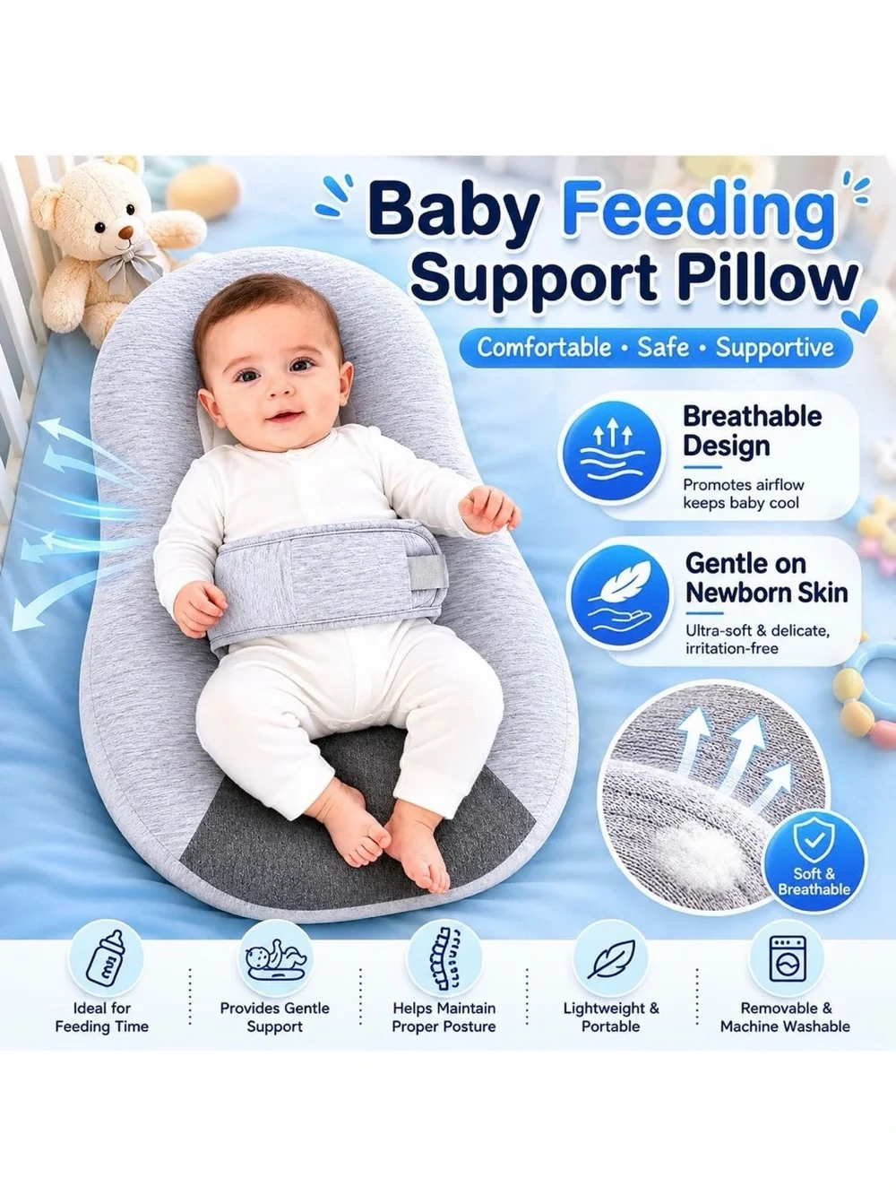 Baby👶🏻Nursing🤱🏻Pillow - Gray Infant👶🏻Lounger with Safety Strap